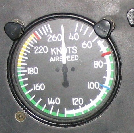 Foto real de um velocímetro aeronáutico no painel da aeronave.